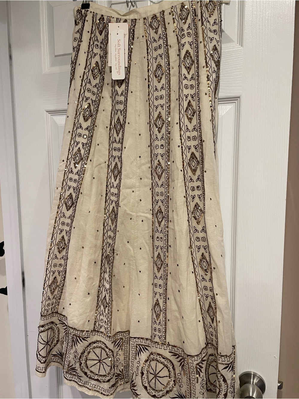 Soft Surroundings Cream Maxi Skirt with Brown Embroidered Stripes